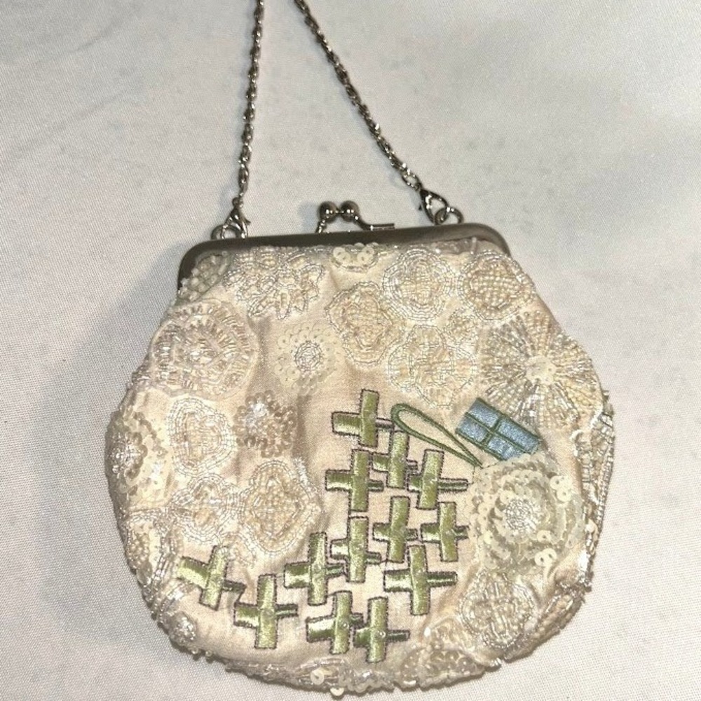 Carlo Fellini Beaded Sequin Evening Bag Cream Satin Frame Clutch Silver Chain